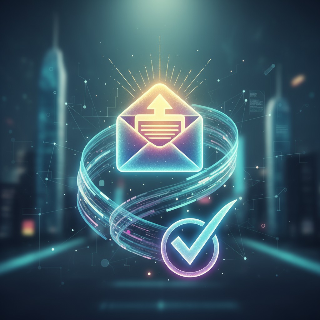 English Email Envelope and Checkmark with Abstract Light Twirl in Abstract Digital Space.